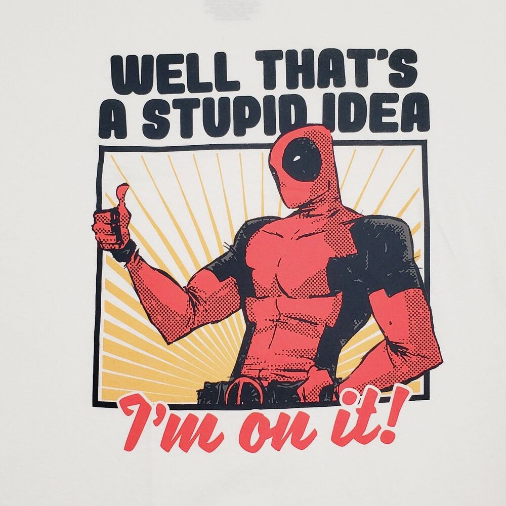 2XL Marvel White DEADPOOL Well That's a Stupid Idea I'm On It T-Shirt 48" RARE